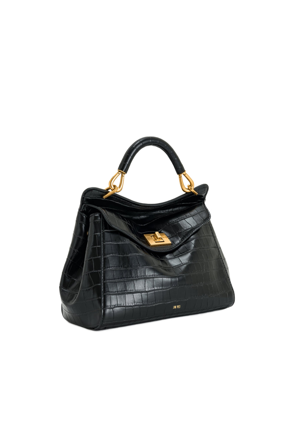 Sac à main JW PEI Lucia Black Croc — vue de face, simili cuir texturé crocodile, fermoir doré
