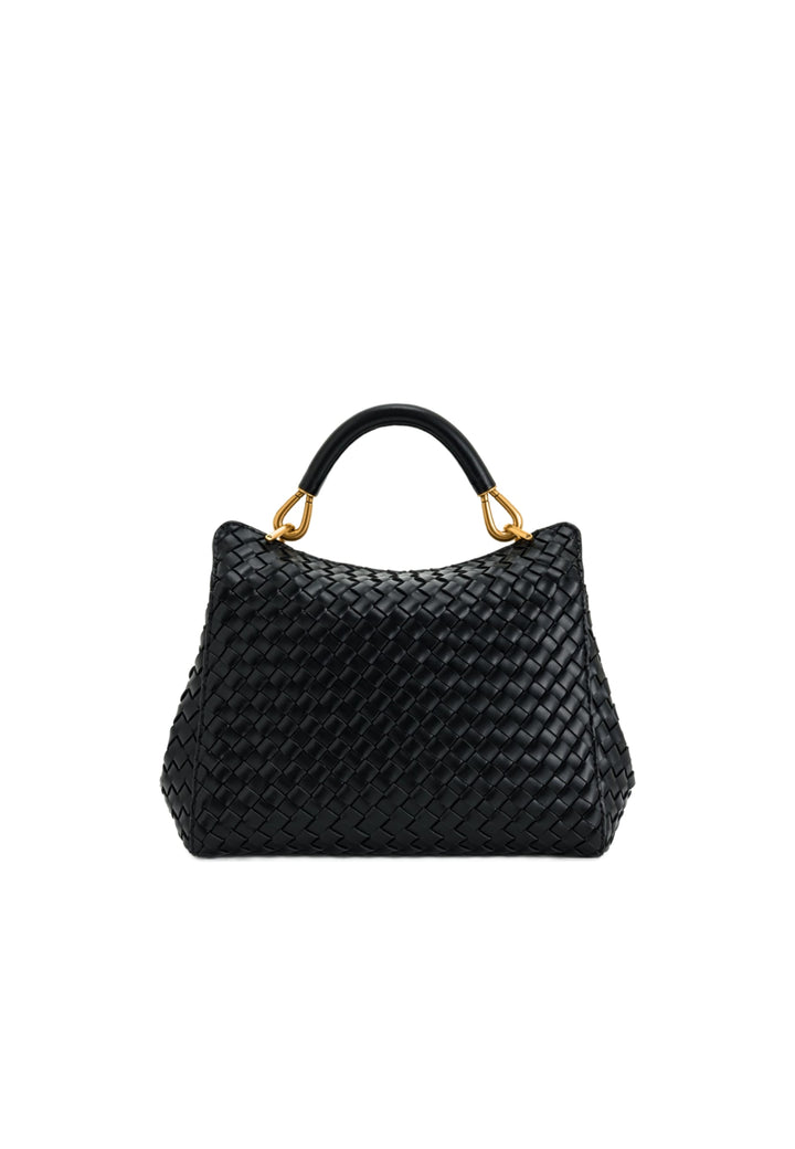 Sac à main JW PEI Lucia noir en simili cuir tressé, porté main, avec détails dorés.