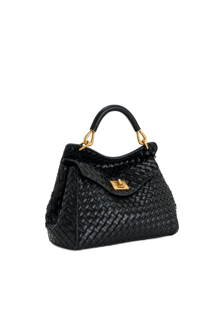 Sac à main JW PEI Lucia noir en cuir tressé, avec poignée supérieure dorée et fermoir carré doré.