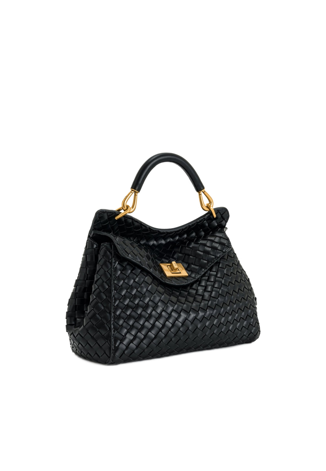 Sac à main JW PEI Lucia noir en cuir tressé, avec poignée supérieure dorée et fermoir carré doré.