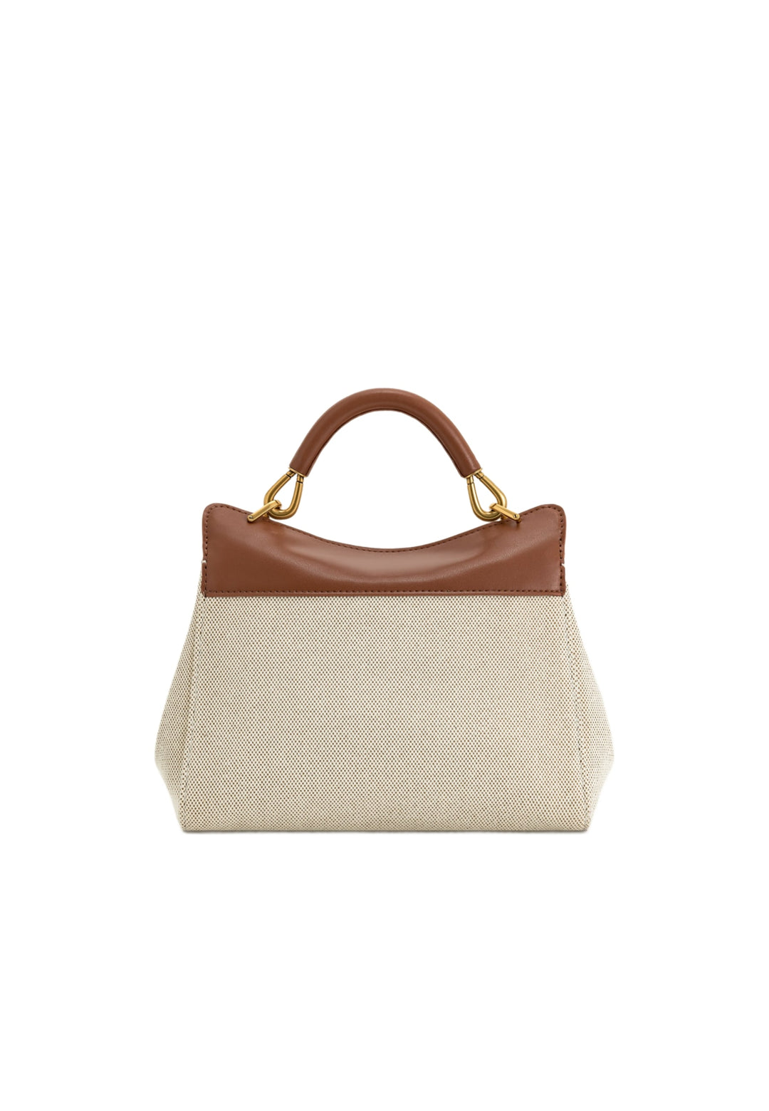 Sac à main JW PEI Lucia en toile marron, porté main, avec détails dorés.