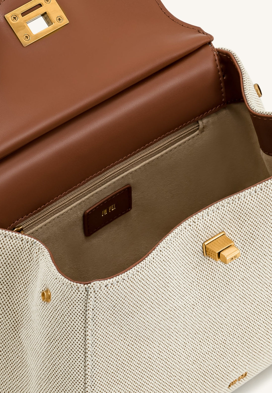 Intérieur du sac à main JW PEI Lucia Brown Canvas avec logo de la marque et fermeture éclair