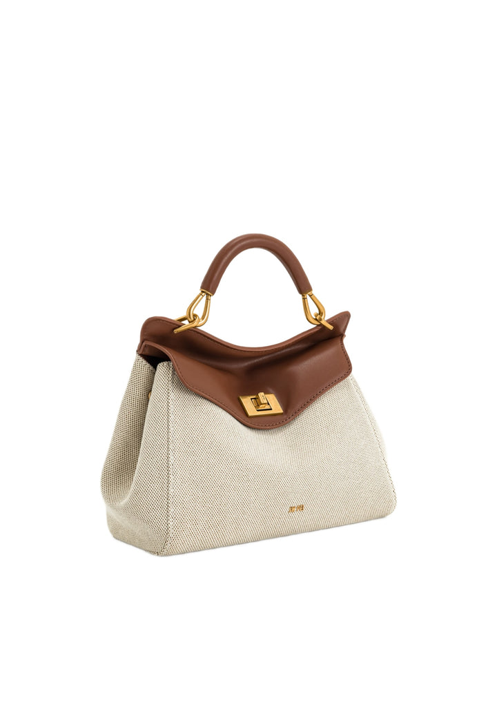Sac à main JW PEI Lucia en toile marron, porté main, avec fermeture à bouton pression dorée.