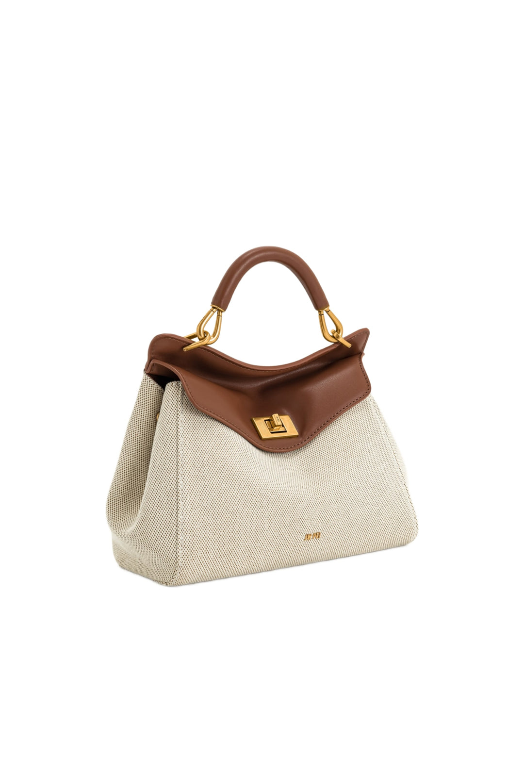 Sac à main JW PEI Lucia en toile marron, porté main, avec fermeture à bouton pression dorée.