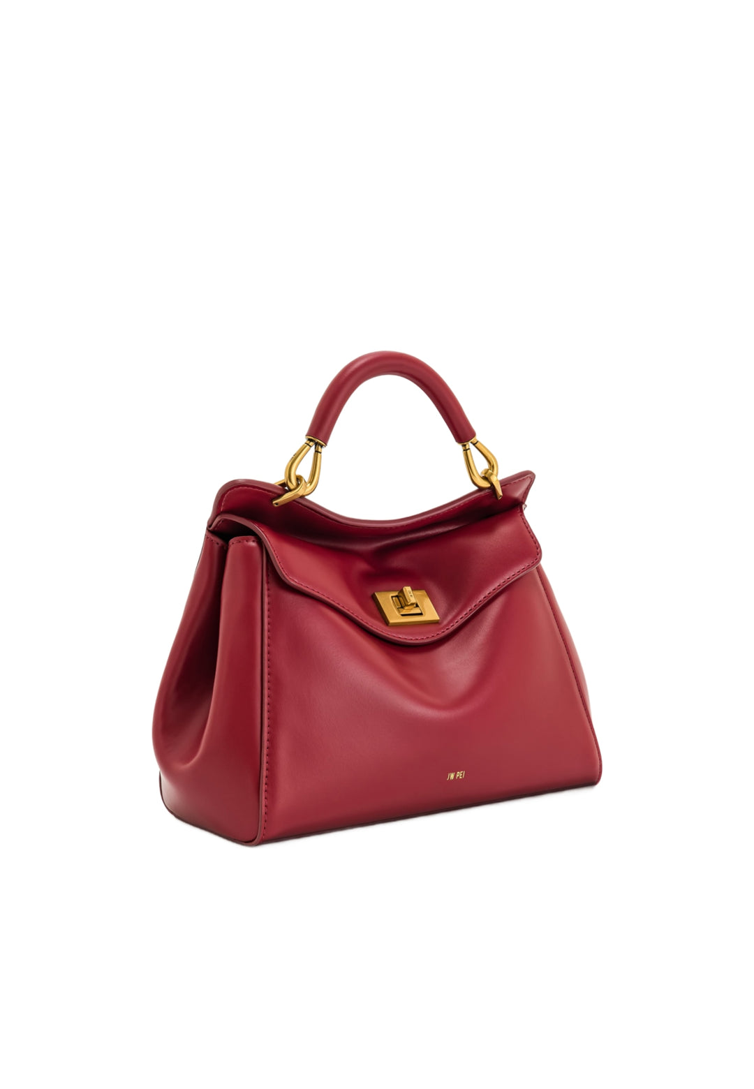 Sac à main JW PEI Lucia Claret rouge, porté à la main, avec fermoir doré et logo discret