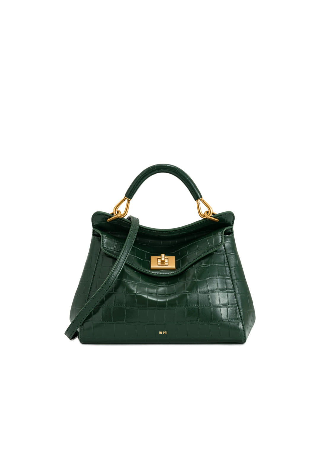 Sac à main JW PEI Lucia vert croco — vue de face, avec poignée supérieure et bandoulière amovible