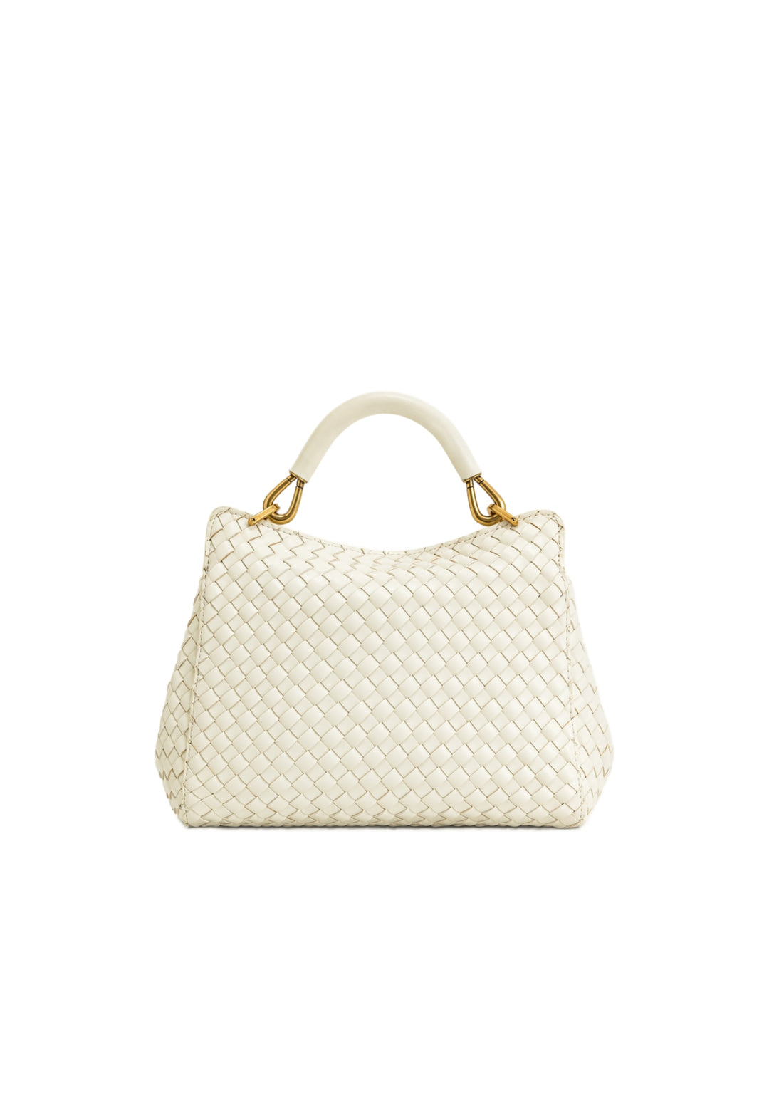 Sac à main JW PEI Lucia blanc en cuir tressé, porté main, avec détails dorés, vue 3/4