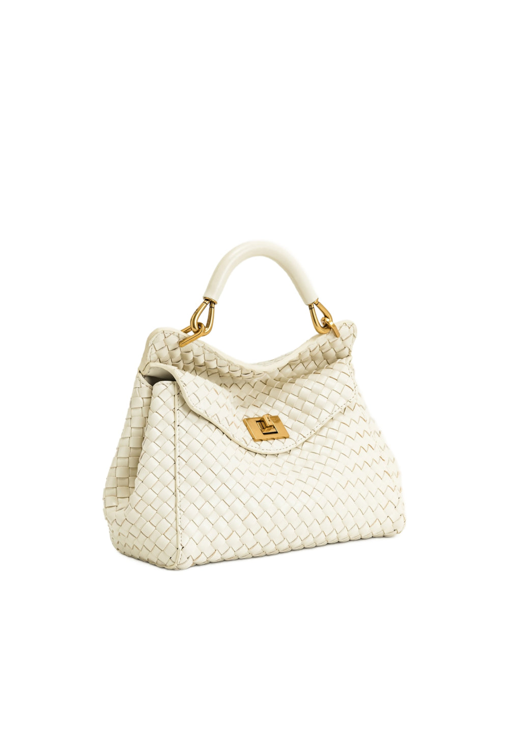 Sac à main JW PEI Lucia blanc en cuir tressé, porté à la main, avec fermoir doré et poignée blanche.