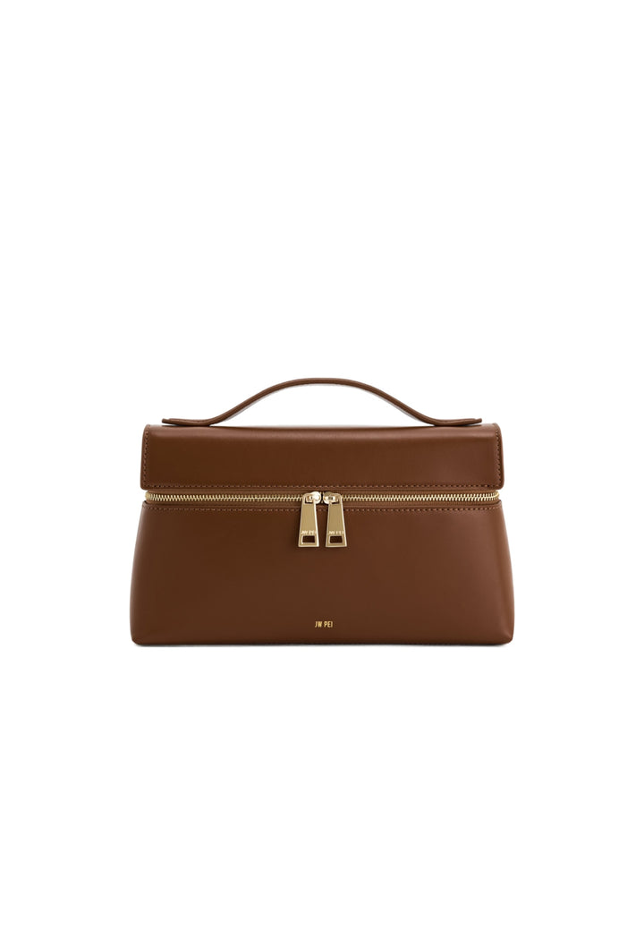 Sac à main JW PEI Thea marron, vue de face, avec deux fermetures éclair dorées et le logo JW PEI