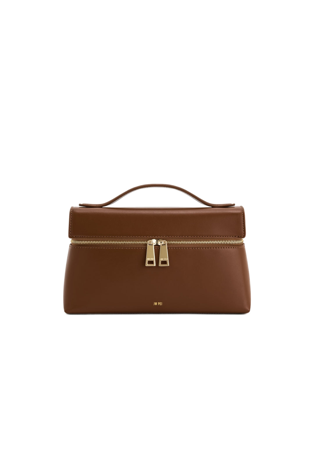 Sac à main JW PEI Thea marron, vue de face, avec deux fermetures éclair dorées et le logo JW PEI