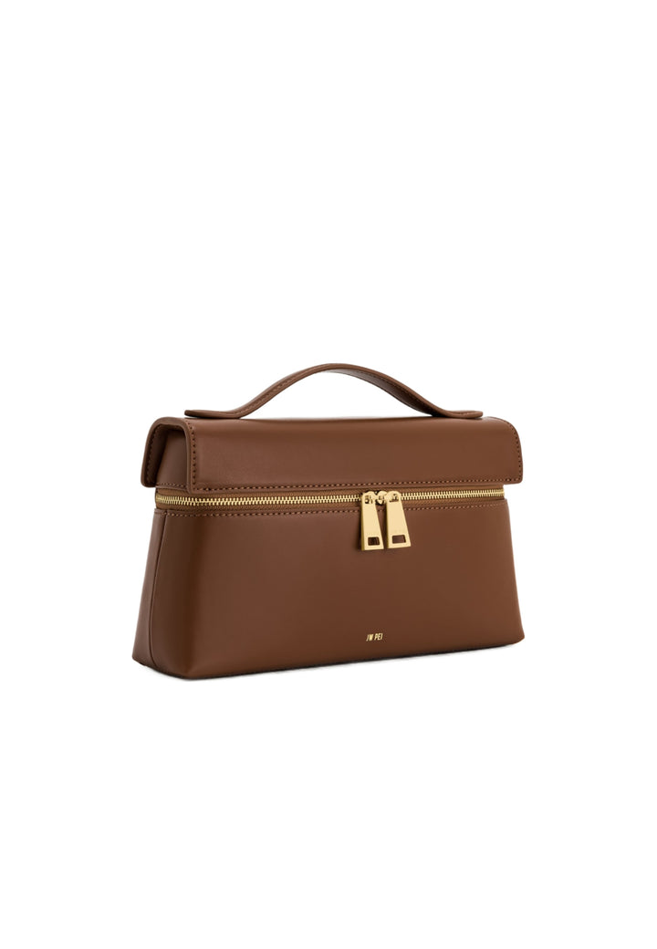 Sac à main JW PEI Thea marron en simili cuir, vu de face avec fermeture zippée dorée.