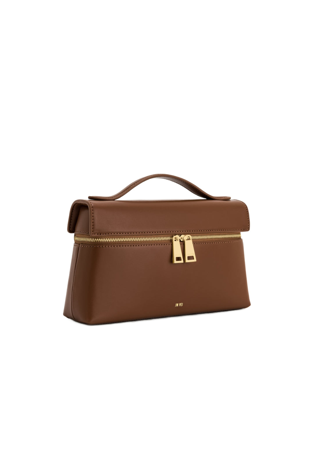Sac à main JW PEI Thea marron en simili cuir, vu de face avec fermeture zippée dorée.