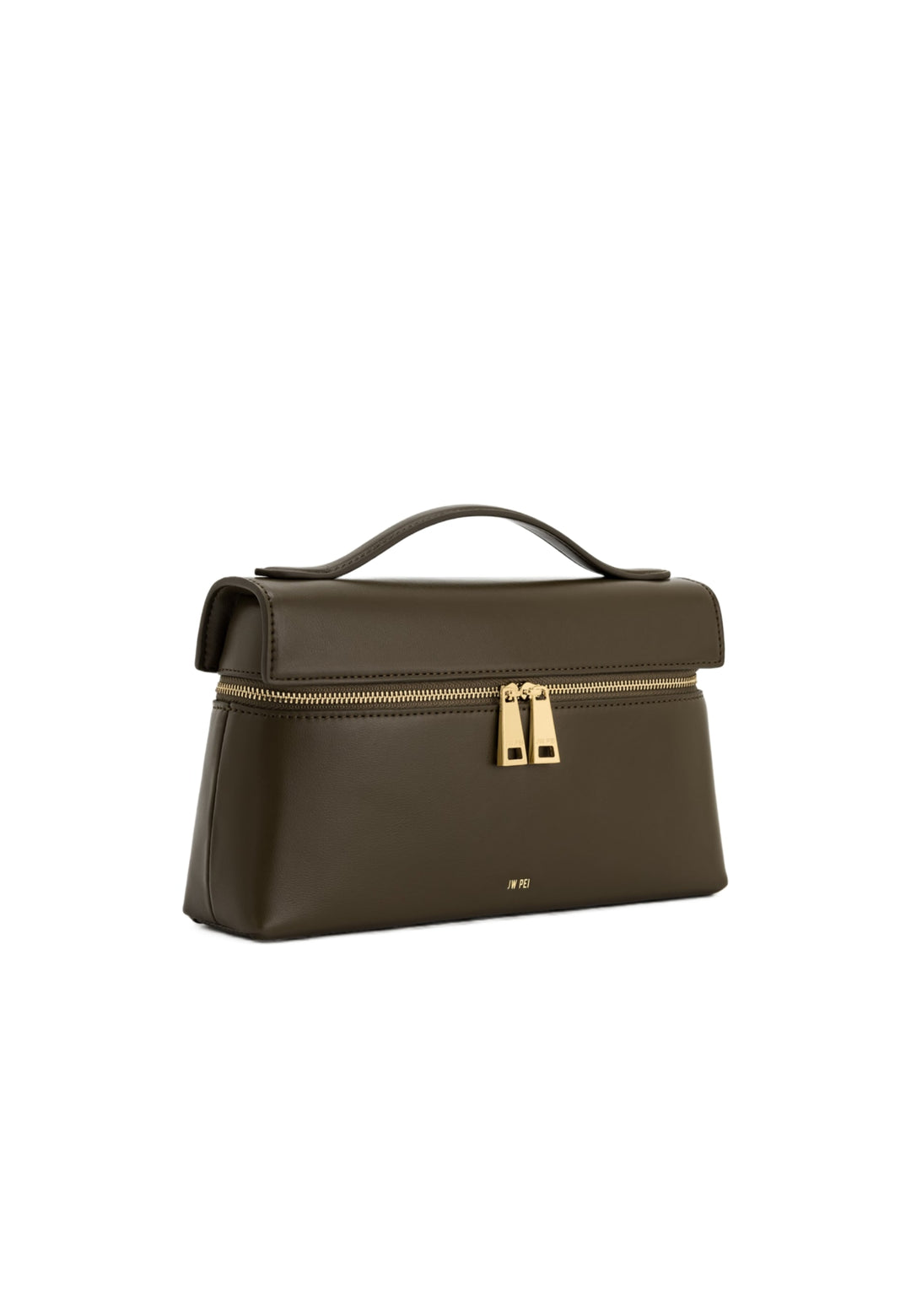 Sac à main JW PEI Thea Dark Olive en simili cuir, vue latérale avec fermeture zippée dorée et poignée supérieure.