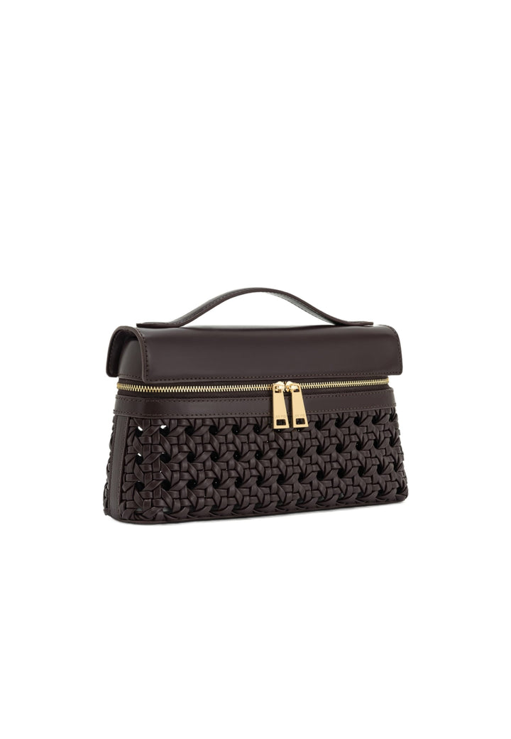 Sac à main JW PEI Thea Deep Claret en simili cuir tressé, avec poignée et fermeture zippée dorée, vu de côté.