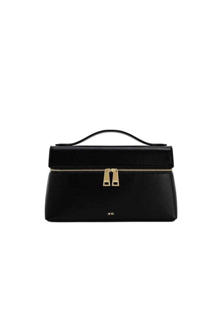 Sac à main JW PEI Thea noir en simili cuir, vu de face, avec une poignée supérieure et une fermeture éclair dorée.