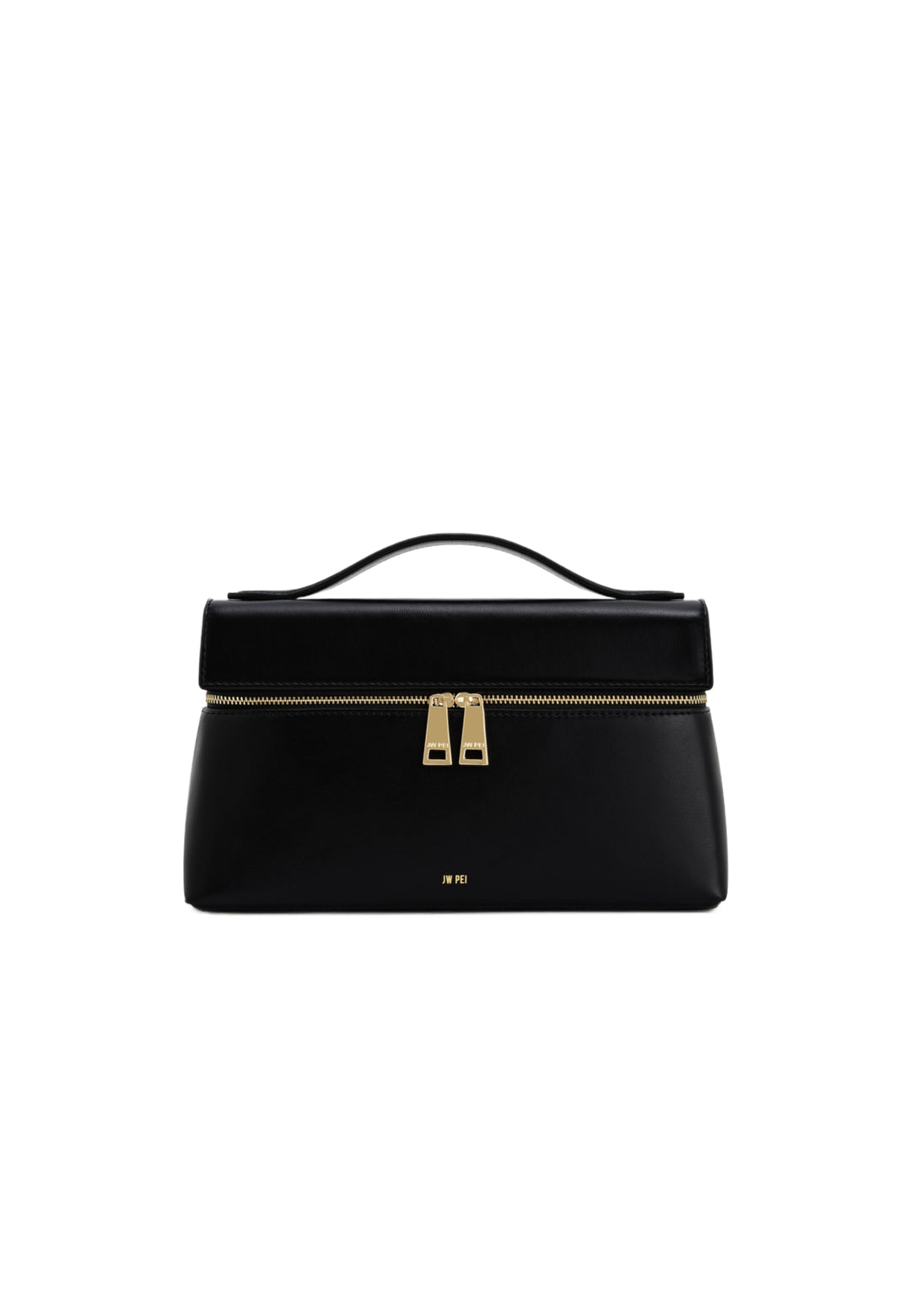 Sac à main JW PEI Thea noir en simili cuir, vu de face, avec une poignée supérieure et une fermeture éclair dorée.