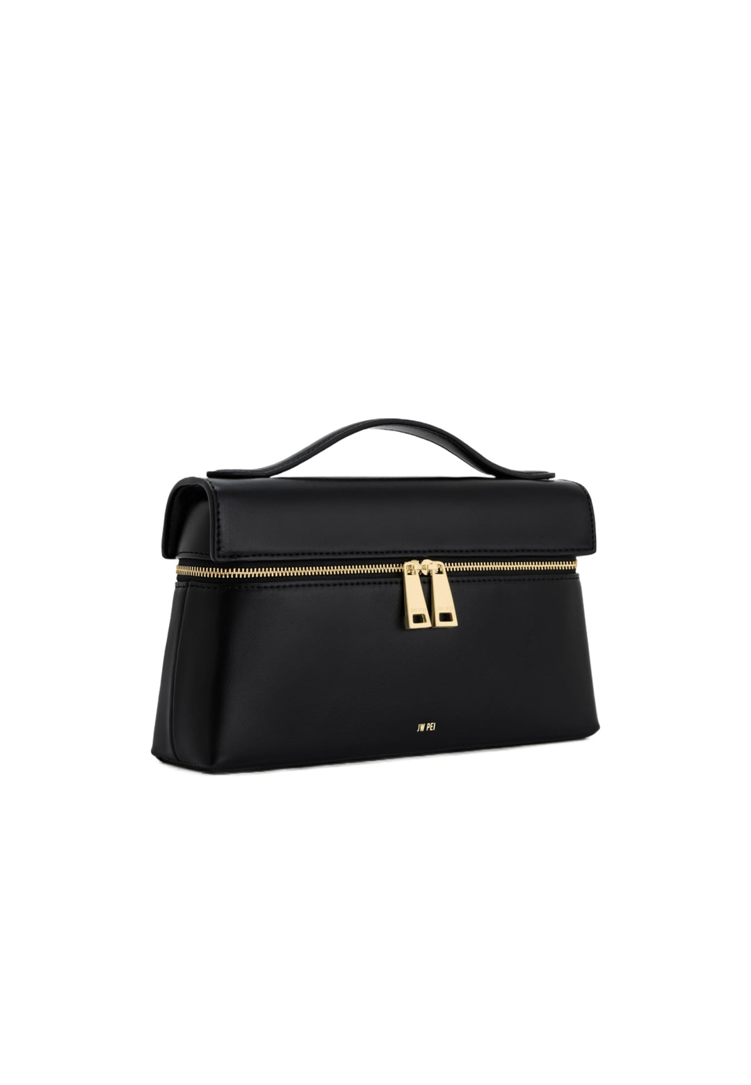 Sac à main JW PEI Thea noir en simili cuir avec fermeture zippée dorée et poignée supérieure.