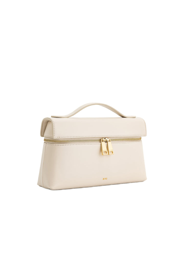 Sac à main JW PEI Thea blanc en simili cuir, vu de profil, avec fermeture zippée dorée et poignée supérieure.