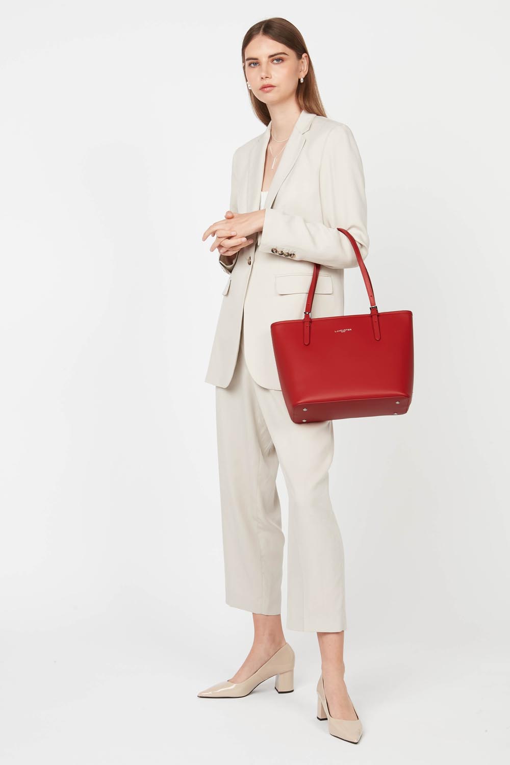 Lancaster Sac cabas épaule Zippée M Smooth Bleu Foncé - Ecru – porté