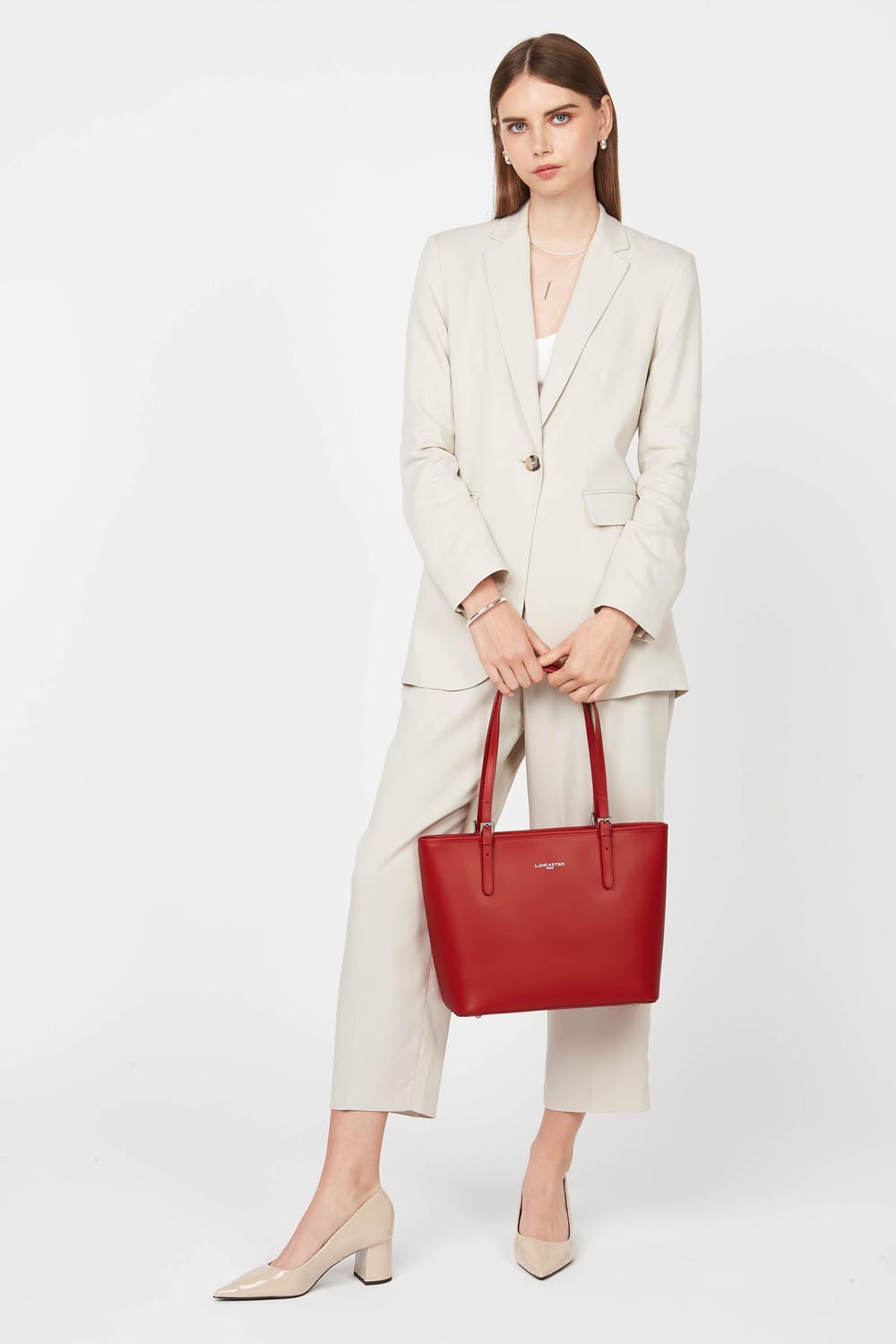 Lancaster Sac cabas épaule Zippée M Smooth Bleu Foncé - Ecru – porté