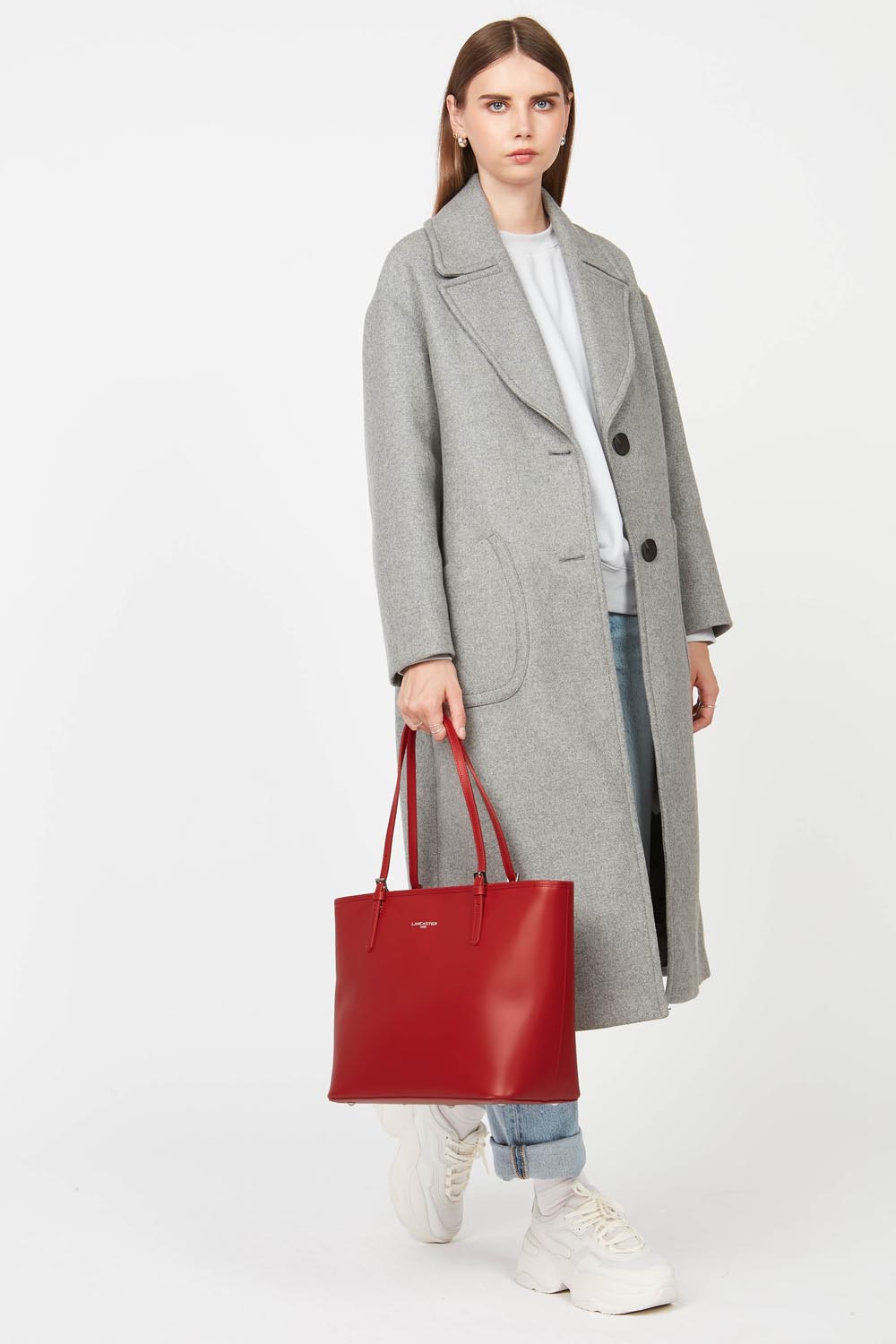 Lancaster Borsa Shopper a spalla con zip L Smooth Nero - Nude - Visone – indossata