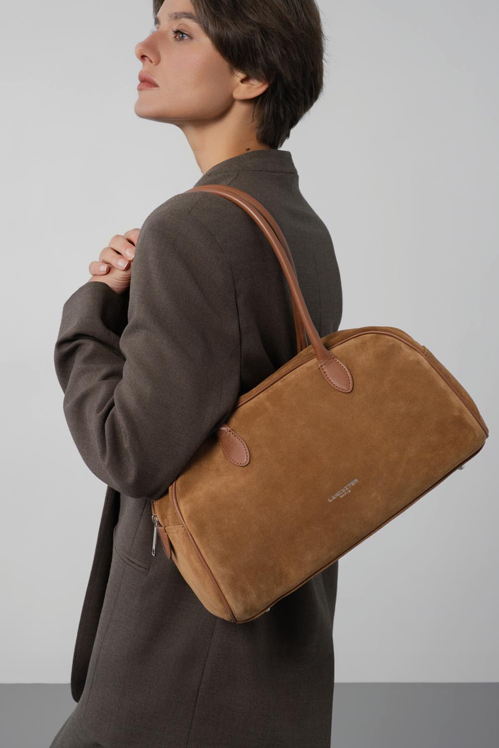 Lancaster Shopper Schultertasche Mit Reißverschluss Leder Camel – getragen