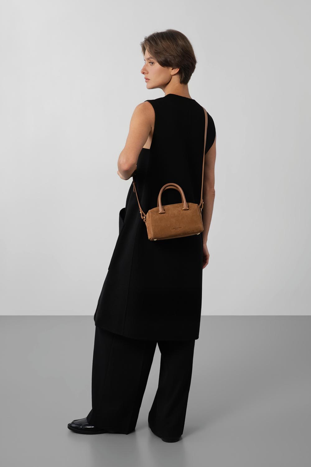 Lancaster Handbag Zippered Suède Cube Khaki – worn