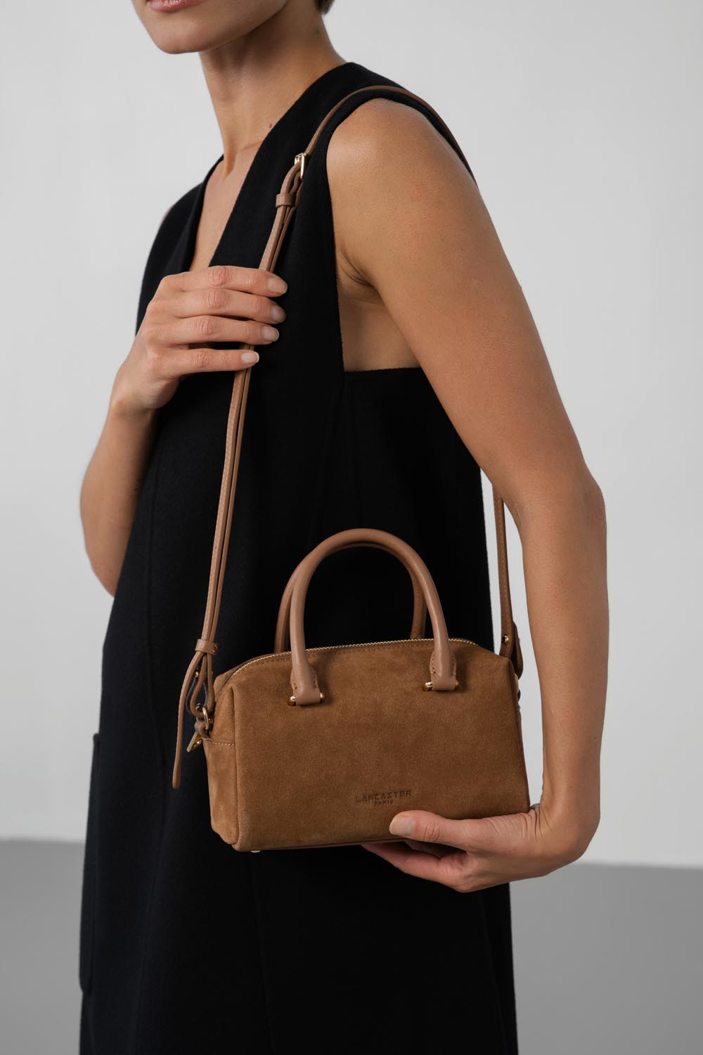 Lancaster Handbag Zippered Suède Cube Khaki – worn