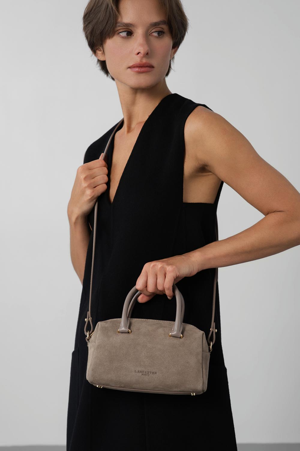 Lancaster Handbag Zippered Suède Cube Khaki – worn