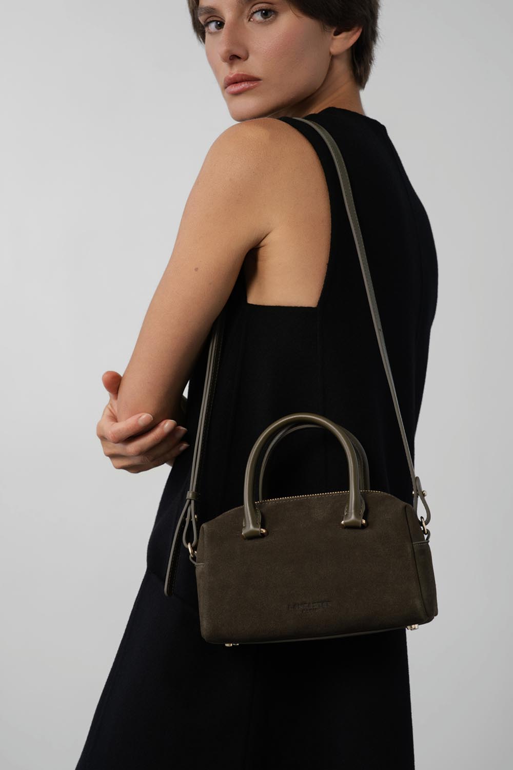Lancaster Handbag Zippered Suède Cube Khaki – worn