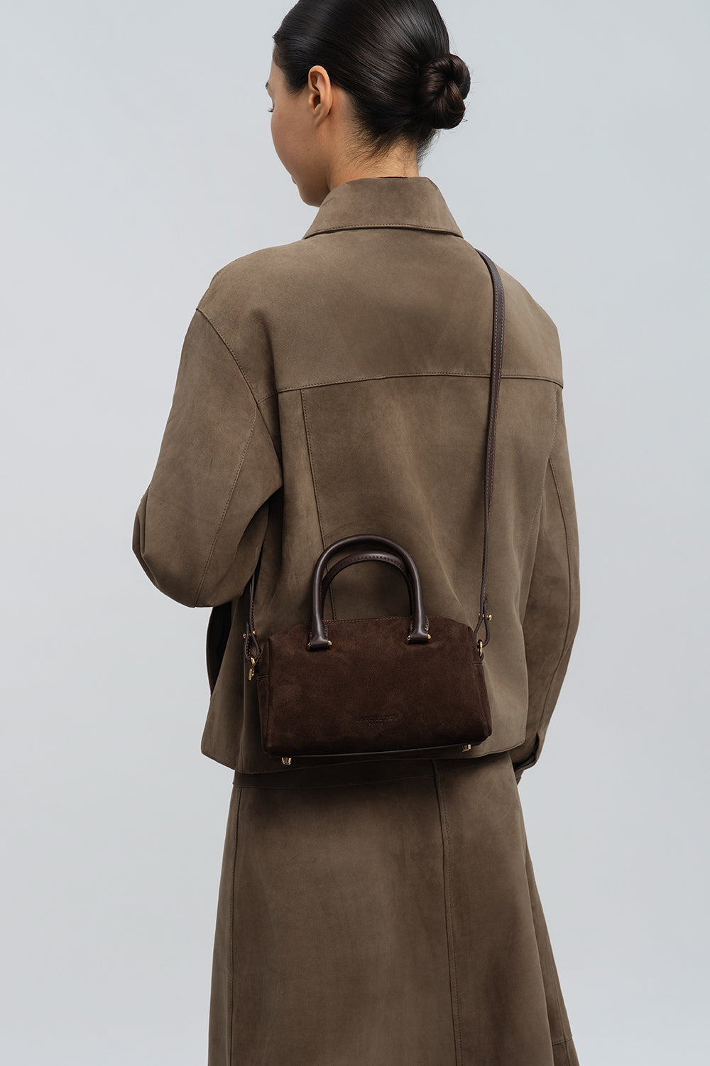 Lancaster Handbag Zippered Suède Cube Khaki – worn
