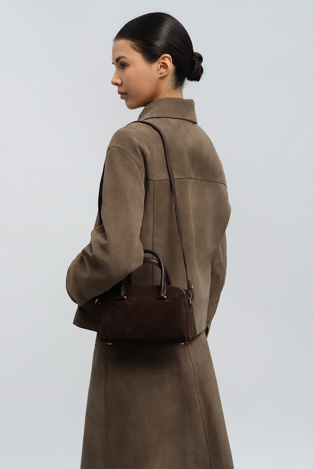 Lancaster Handbag Zippered Suède Cube Khaki – worn