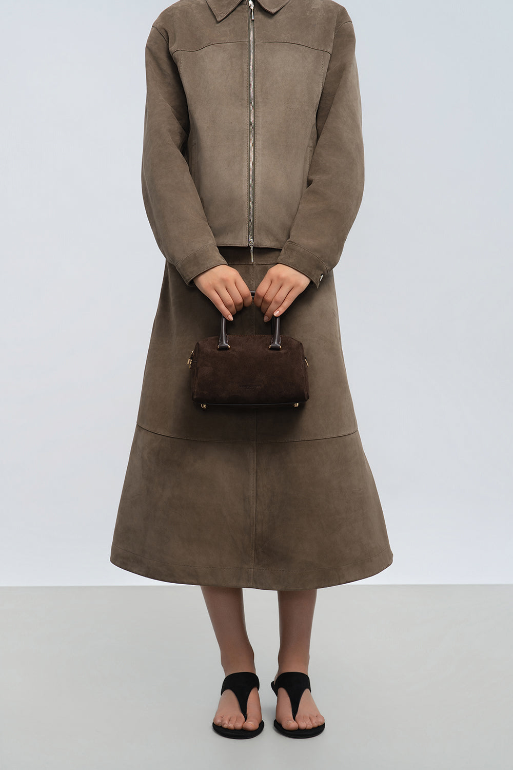 Lancaster Handbag Zippered Suède Cube Khaki – worn