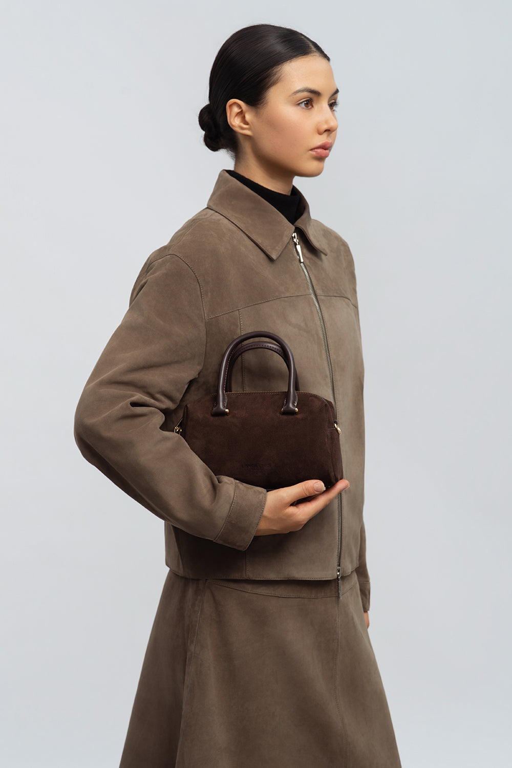 Lancaster Handbag Zippered Suède Cube Khaki – worn