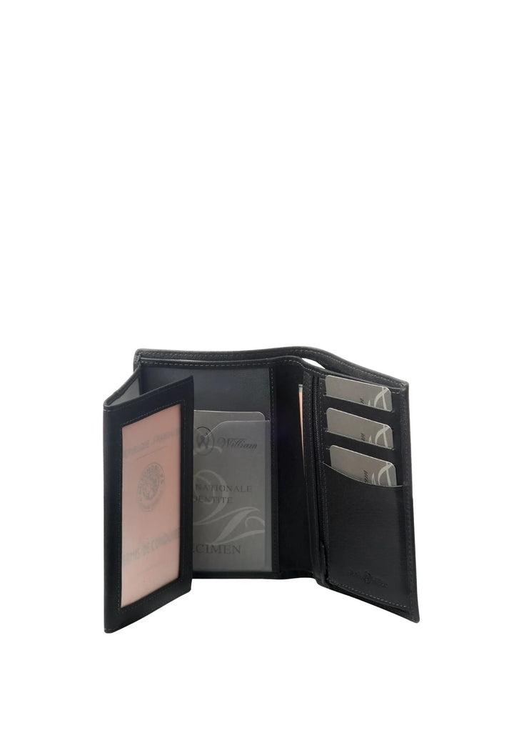 Portefeuille David William D5209 Deco noir en cuir, intérieur ouvert, vue détaillée des rangements et porte-document.