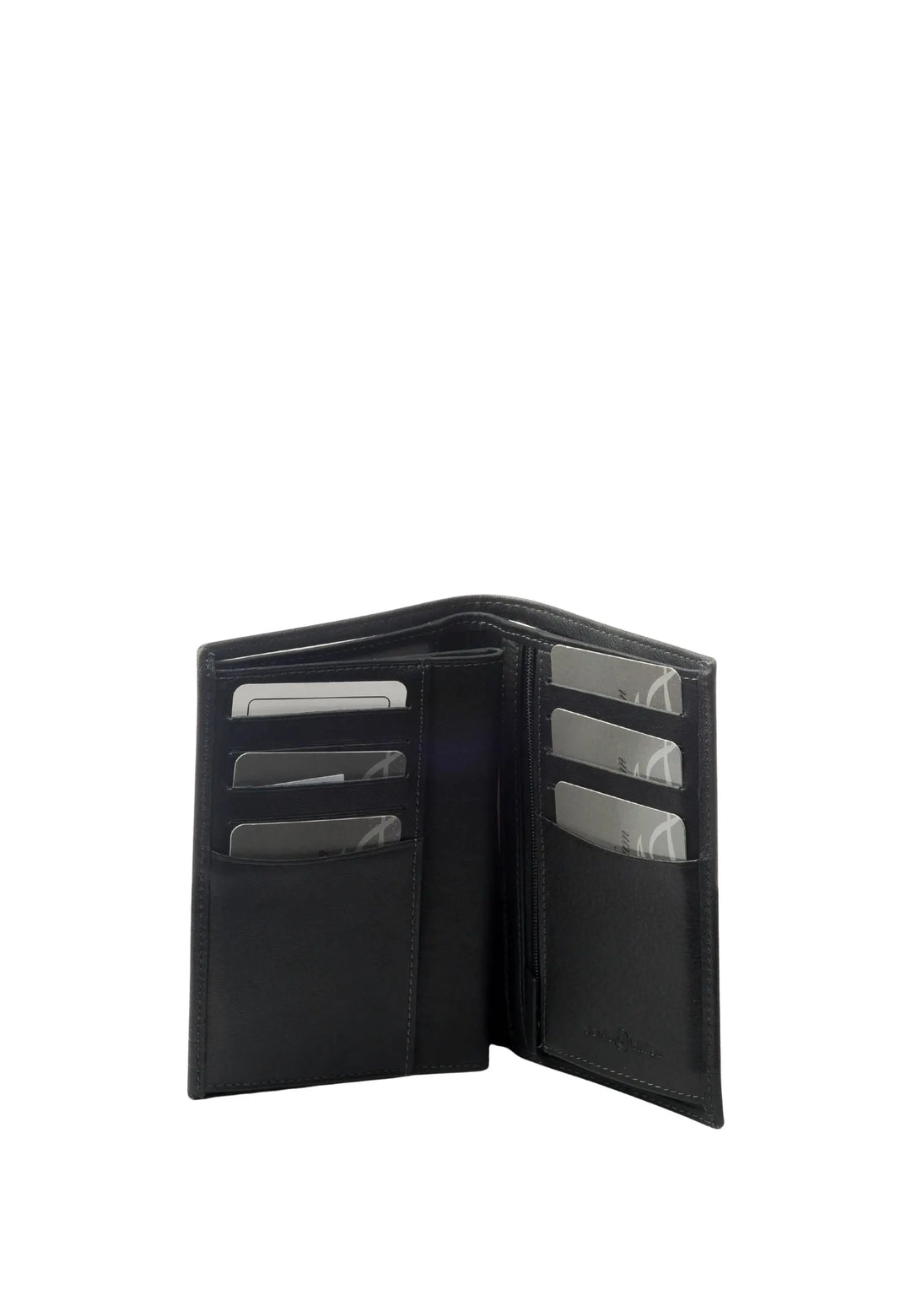 Vue intérieure du portefeuille David William D5209 Deco noir en cuir, nombreux emplacements pour cartes.