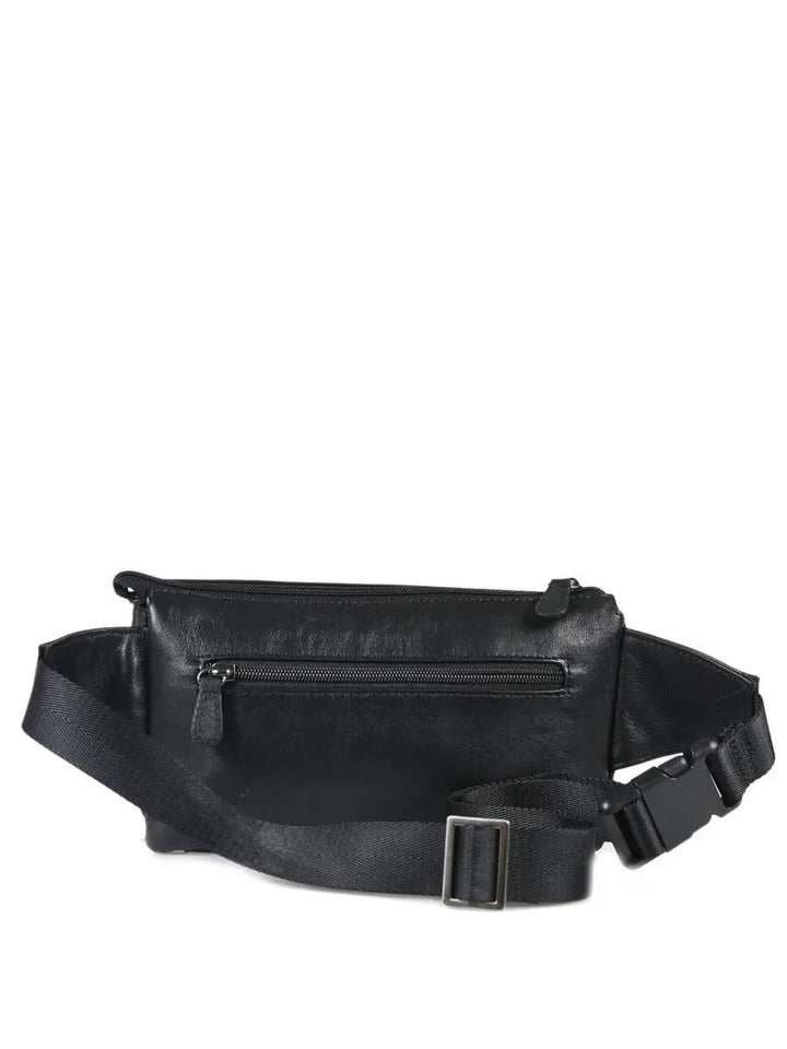 Banane Francinel 1168 Palerme en cuir noir, vue arriere avec ceinture reglable et boucle securisee.