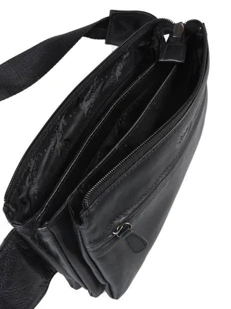 Interieur de la banane Francinel Palerme en cuir noir, revelant ses multiples compartiments et poches zippees.