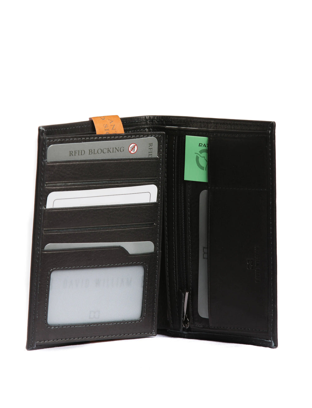 Portefeuille cuir noir David William Coulter D5341 ouvert, intérieur avec multiples fentes pour cartes et billets.