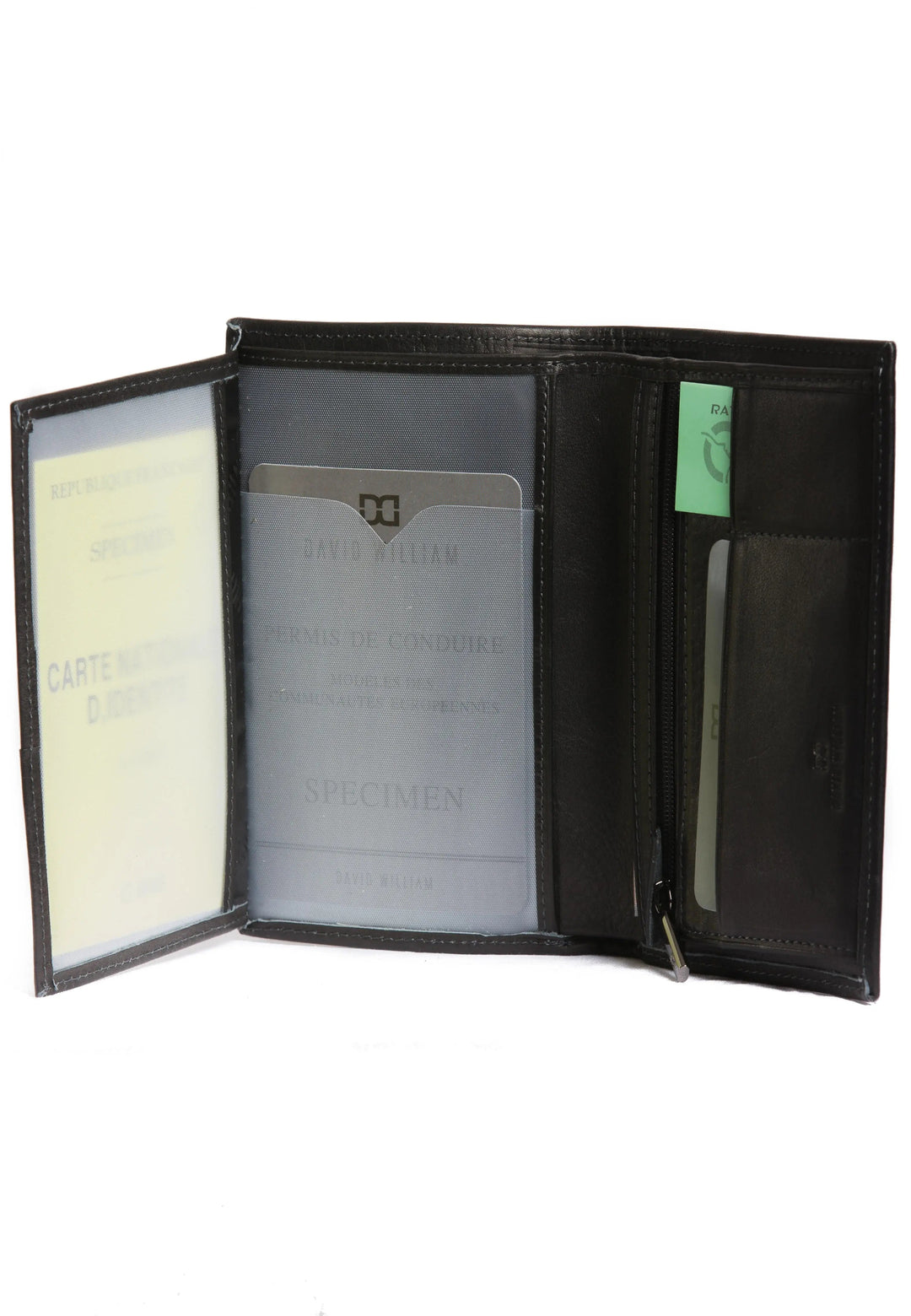 Portefeuille David William Coulter D5341 noir ouvert, volet transparent pour carte d'identité et permis de conduire.