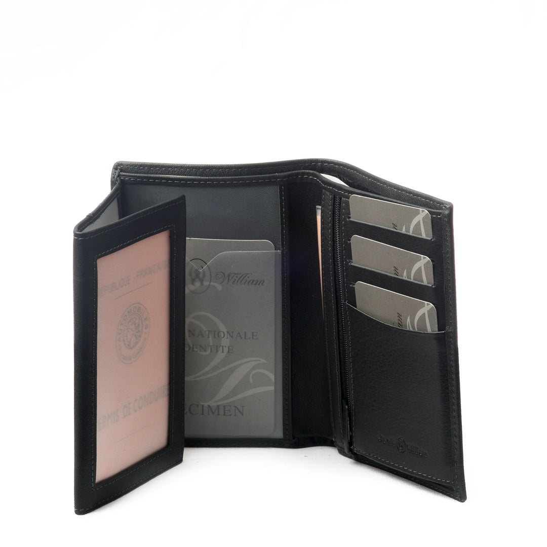 Portefeuille David William D5209 Deco noir en cuir, intérieur ouvert avec porte-document transparent et rangements.